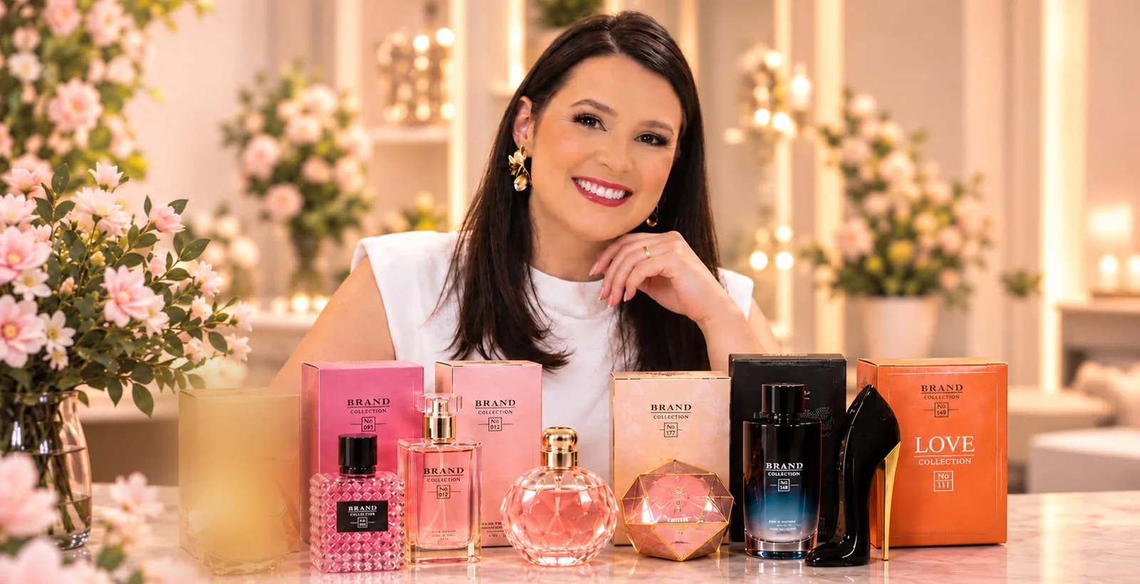 Lilian, do Contratipo.online, com perfumes das linhas Brand Collection e Love Collection